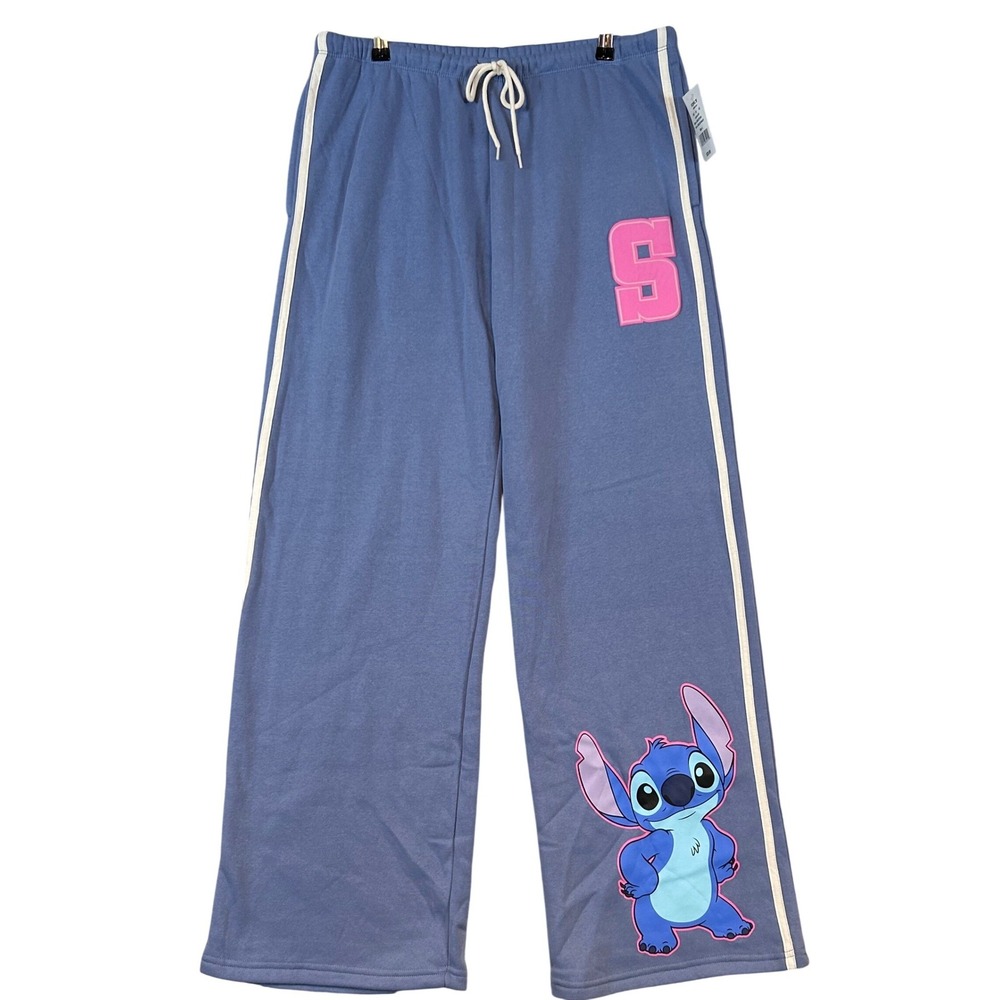 NWT Disney Stitch Wide Leg Sweatpants Blue Side Stripe Drawstring •L• Disneycore